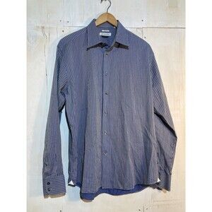 Vintage Y2K Versace COLLECTION Mens Blue Long Sleeve Shirt, Striped Sz 17/43
